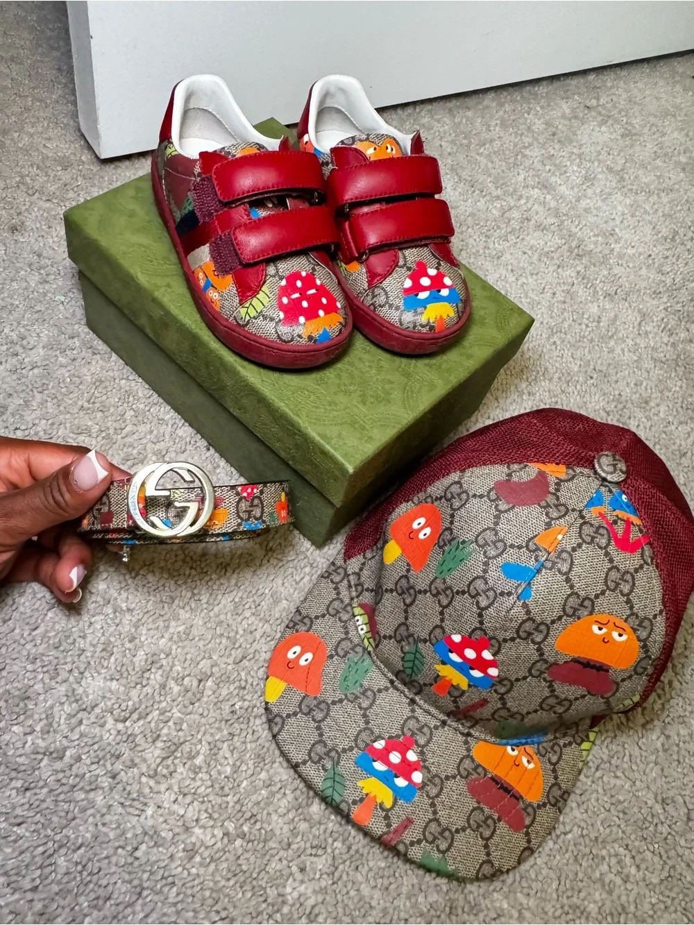 Gucci Beige GG Supreme Kids Cap with Colorful Mushroom & Fruit Print